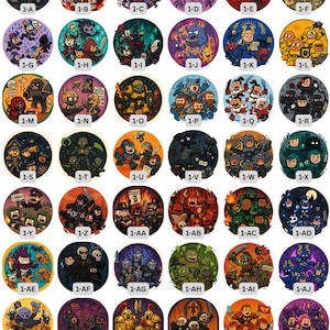 May include: A collection of 48 circular chibi-style illustrations, each featuring a unique group of cartoon characters. The illustrations are set against various colored backgrounds, with each labeled with a number and letter combination. The style is playful and detailed.
