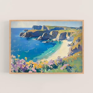 Cornwall in Bloom | Cornwall Coast Digital Painting, Printable Wall Art, Seaside Landscape Digital Download, Coastal Decor, UK Travel Print