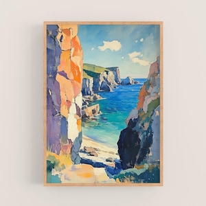 Cornish Rugged Coast | Cornwall Seaside Digital Painting, Printable Wall Art, Coastal Landscape Digital Download, UK Travel Print