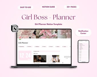 Puede incluir: Un portátil y un smartphone muestran una interfaz de planificador digital con el texto "Girl Boss - Planner". La pantalla del portátil muestra un "Life Planner" con secciones para productividad, bienestar y finanzas. El smartphone muestra una lista de opciones. La imagen incluye el texto "Easy to Use" y "20+ Pages".