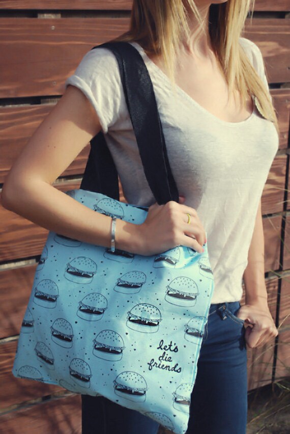 Items similar to Burgers and hearts tote - light blue on Etsy