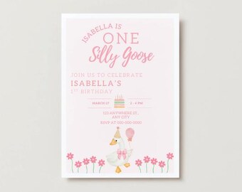 One Silly Goose Birthday Invitation- DIGITAL DOWNLOAD- 1st Birthday- Editable Invite- Little Girl Goose Birthday