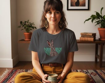 Organic Hare T-Shirt, Medium Fit Wildlife Lovers Tee for Women, Sustainable Gift