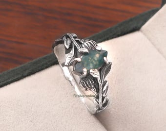 Handmade Moss Agate Leaf Ring – Sterling Silver Plated Nature-Inspired Vintage Botanical Jewelry for Women
