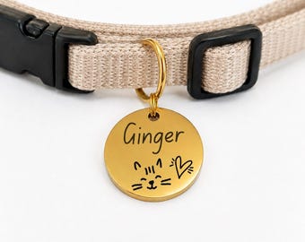 Kitty Sketch Custom Engraved Stainless Steel Cat ID Tag | Personalized Pet Tag | Name Address Tag for Cat Collar | Customizable Cat Tag