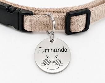 Cool Cat Custom Engraved Stainless Steel Cat ID Tag | Personalized Pet Tag | Name Address Tag for Cat Collar | Customizable Cat Tag