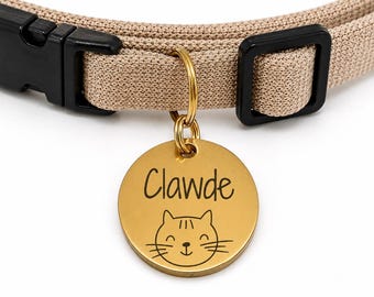 Happy Kitty Custom Engraved Stainless Steel Cat ID Tag | Personalized Pet Tag | Name Address Tag for Cat Collar | Customizable Cat Tag