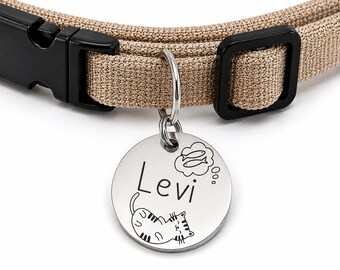 Dreaming Kitty Custom Engraved Stainless Steel Cat ID Tag | Personalized Pet Tag | Name Address Tag for Cat Collar | Customizable Cat Tag