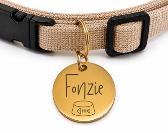 Kitty Dish Custom Engraved Stainless Steel Cat ID Tag | Personalized Pet Tag | Name Address Tag for Cat Collar | Customizable Cat Tag