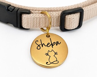 Kitty Outline Custom Engraved Stainless Steel Cat ID Tag | Personalized Pet Tag | Name Address Tag for Cat Collar | Customizable Cat Tag