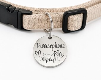 Meow Kitty Custom Engraved Stainless Steel Cat ID Tag | Personalized Pet Tag | Name Address Tag for Cat Collar | Customizable Cat Tag