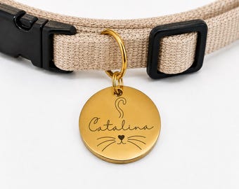 Kitty Whiskers Custom Engraved Stainless Steel Cat ID Tag | Personalized Pet Tag | Name Address Tag for Cat Collar | Customizable Cat Tag