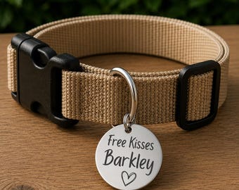Free Kisses Custom Engraved Stainless Steel Dog ID Tag | Personalized Pet Tag | Name Address Tag for Dog Collar | Customizable Dog Tag