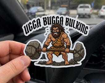 Ugga Bugga Bulking Caveman Deadlift Sticker | Funny Gym Vinyl Decal | Caveman Fitness Gift | Waterproof Water Bottle Sticker