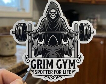 Grim Reaper Gym Sticker | Death Spotter Barbell Design | Funny Dark Fitness Decal | Bodybuilding Laptop Water Bottle Sticker