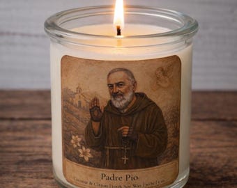 Padre Pio Prayer Candle, Hand-Poured Soy Wax, Coconut & Citron Scent, Catholic Gift