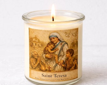 Mother Teresa Prayer Candle – Peony & Green Leaves Soy Wax Devotional Candle for Compassion and Service