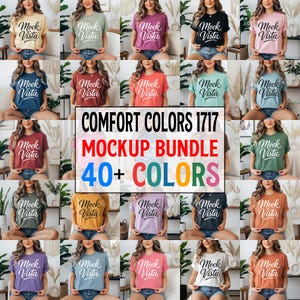 Comfort Colors 1717 T-shirt mockup bundle featuring 30 different shirt colors displayed on a model in boho-style indoor settings. Each tee shows a ‘Mock Vista’ design placeholder, arranged in a grid layout for POD and apparel mockup use.