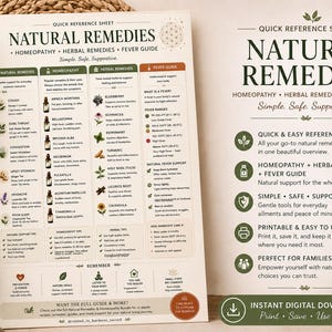May include: A quick reference sheet titled "Natural Remedies" with information on homeopathy, herbal remedies, and fever guides. The sheet is printed on a cream-colored paper with green and brown accents. A candle and plant are in the background.