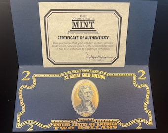 22kt Gold Edition Two Dollar Bank Note (United States of America Two Dollars)