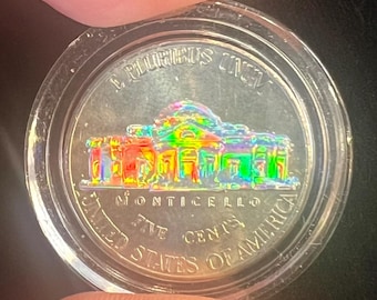 U.S. Five Cent Jefferson Nickel with Rainbow Hologram on the Monticello Estate