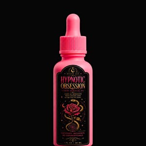 May include: A bright pink dropper bottle containing spiritual oil. The black label features the text HYPNOTIC OBSESSION, a red rose, and a golden snake. The label also includes the text DYESE LLC, LEAVE AN IMPRESSION THAT LINGERS LONG AFTER YOU'VE GONE, CAPTIVATE. INFLUENCE. BE UNFORGETTABLE, and 1 FL OZ | 30 ML.
