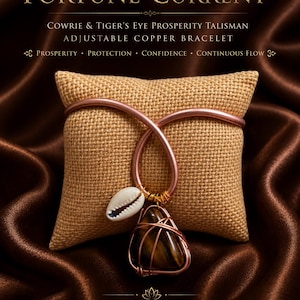 May include: An adjustable copper bracelet featuring a white cowrie shell and a triangular tiger's eye stone wrapped in copper wire. The text reads: FORTUNE CURRENT, COWRIE & TIGER'S EYE PROSPERITY TALISMAN ADJUSTABLE COPPER BRACELET, PROSPERITY, PROTECTION, CONFIDENCE, CONTINUOUS FLOW, ATTRACT IT. RECOGNIZE IT. PROTECT IT. KEEP IT FLOWING. May prosperity flow to you, through you, and remain with you.