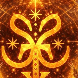 May include: A glowing, golden illustration featuring a central symbol with curved elements and a vertical stem, adorned with star-like shapes and geometric lines. The design is set against a warm, fiery background with a celestial theme.