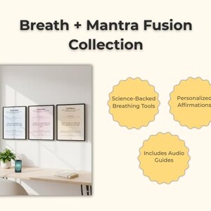 Könnte beinhalten: Das Bild zeigt die "Breath + Mantra Fusion Collection". Es zeigt drei gerahmte Zertifikate an einer Wand, einen Schreibtisch mit einer Pflanze, einem Telefon und einem Buch. Drei gelbe Abzeichen heben "Wissenschaftlich fundierte Atemwerkzeuge", "Personalisierte Affirmationen" und "Enthält Audioguides" hervor.