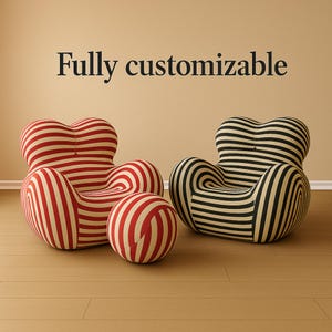 May include: Two rounded armchairs with a matching ottoman, featuring a striped pattern. One chair and the ottoman have red and white stripes, while the other chair has black and white stripes. The text "Fully customizable" is displayed above.
