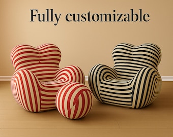 Striped Lounge Chair with Ottoman – Custom Microfiber Armchair, Sculptural Accent Chair