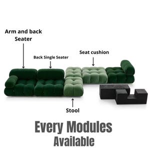 May include: Modular green velvet seating arrangement, including an arm and back seater, back single seater, seat cushions, and a stool. A black, geometric side table is also included. Text reads "Every Modules Available."