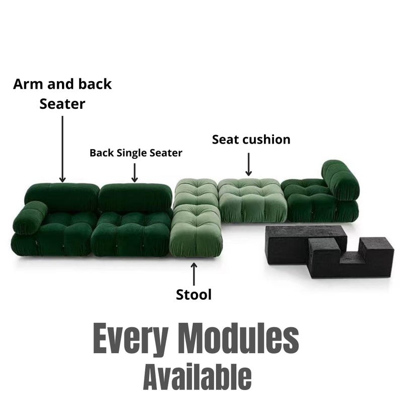 May include: Modular green velvet seating arrangement, including an arm and back seater, back single seater, seat cushions, and a stool. A black, geometric side table is also included. Text reads "Every Modules Available."