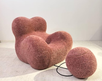 Bouclé Lounge Chair with Ottoman in Pink