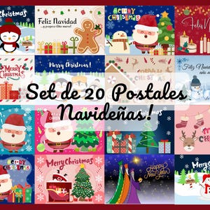 Puede incluir: Un conjunto de 20 postales navideñas con diversas ilustraciones festivas que incluyen a Santa Claus, muñecos de nieve, pingüinos, hombres de jengibre, árboles de Navidad, regalos y velas, con textos como Merry Christmas y Feliz Navidad.