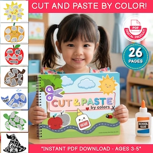 Toddler Cut and Paste by Colors Book, Scissor Practice Craft for Kids, Homeschooling Educational Resource, Busy Book Pages