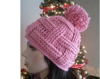 INSTANT DOWNLOAD Weave Basket  Pom Pom Beanie - Crochet Pattern