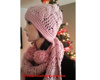 INSTANT DOWNLOAD Set of Pom Pom Cables Beanie and Cables Scarf  - Crochet Pattern