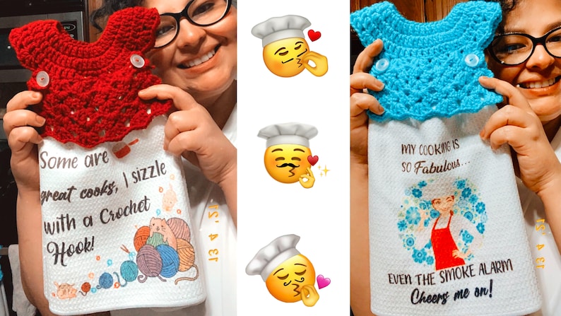 May include: Two white kitchen towels with crocheted pot holders on top. The towel on the left has the text "Some are great cooks, I sizzle with a Crochet Hook!" and a cartoon of yarn balls. The towel on the right has the text "My cooking is so Fabulous... Even the smoke alarm cheers me on!" and a cartoon of a chef.