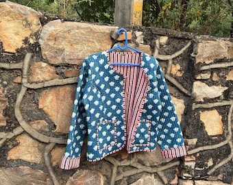 Handcrafted Floral Print Quilted Jacket, Boho Chic Cotton Coat