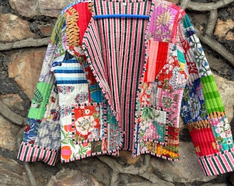 Colorful Quilted Cotton Jacket, Floral Patchwork, Boho Chic