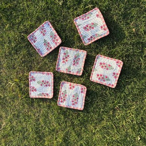 Puede incluir: Cinco posavasos cuadrados acolchados con un estampado floral de bayas rojas sobre un fondo azul claro. Cada posavasos tiene un borde a rayas rojas y blancas. Los posavasos están colocados sobre hierba verde.