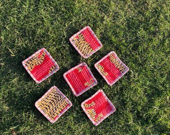Handmade Kantha Coasters, Set of 6, Red Patchwork Upcycled Cotton
