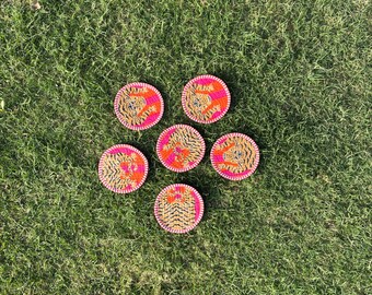 Handmade Kantha Coasters (Set of 6) – Round Quilted Boho Cotton Mug Rugs