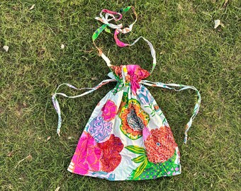 Handmade Floral Cotton Drawstring Pouch – Colorful Botanical Print Boho Pouch Bag, Reusable Fabric Gift Pouch