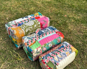 Handgemachtes Quilted Patchwork Pouch Set – Florale Kantha Reisetaschen