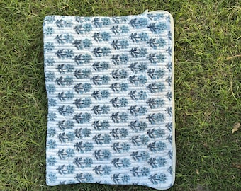 Hand Block Printed Quilted Pouch | Blue Floral Cotton Travel Bag