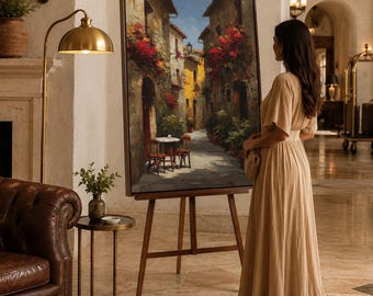 Italian Village Canvas Art - Sunlit Alley Scene, Red Flowers