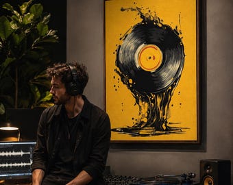 Vinyl Record Canvas Art - Mustard Yellow Music Artwork, Retro Wall