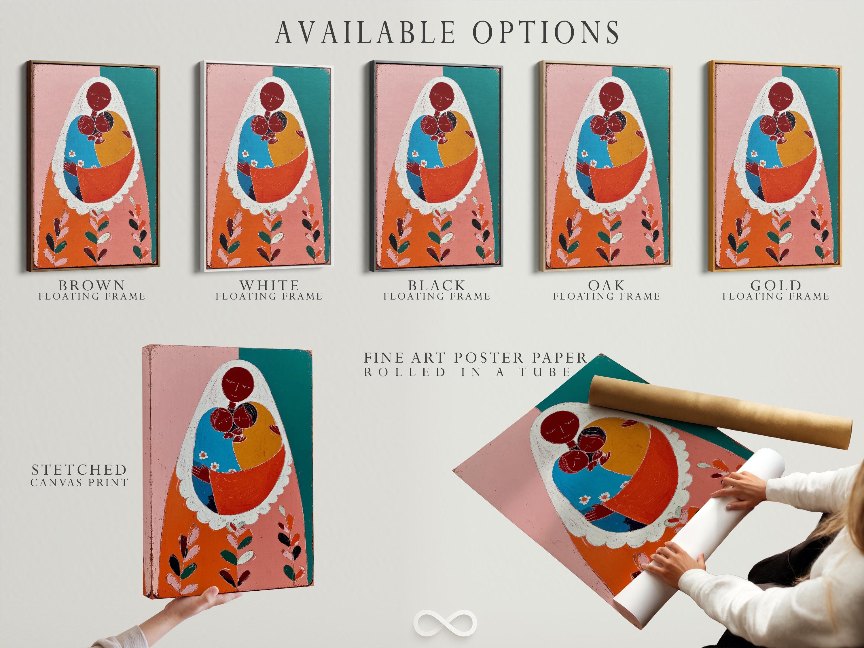 Framed mother and child portrait artwork in pink and teal colours in a mockup scene